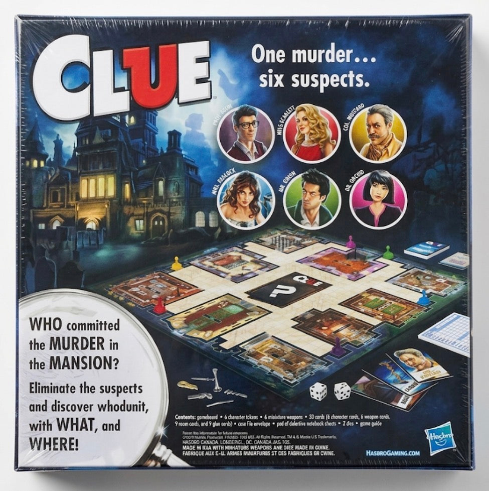 Hasbro Gaming Clue クラシックミステリーボードゲーム 英語版 内容紹介およびゲーム構成が掲載された商品箱裏面