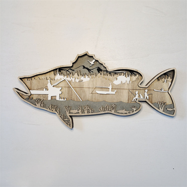 木製 魚の壁掛け ウォールアート トラウト（鱒）｜レーザー彫刻・渓流の情景｜釣り/アウトドア/カフェのインテリアに｜約40×19cm