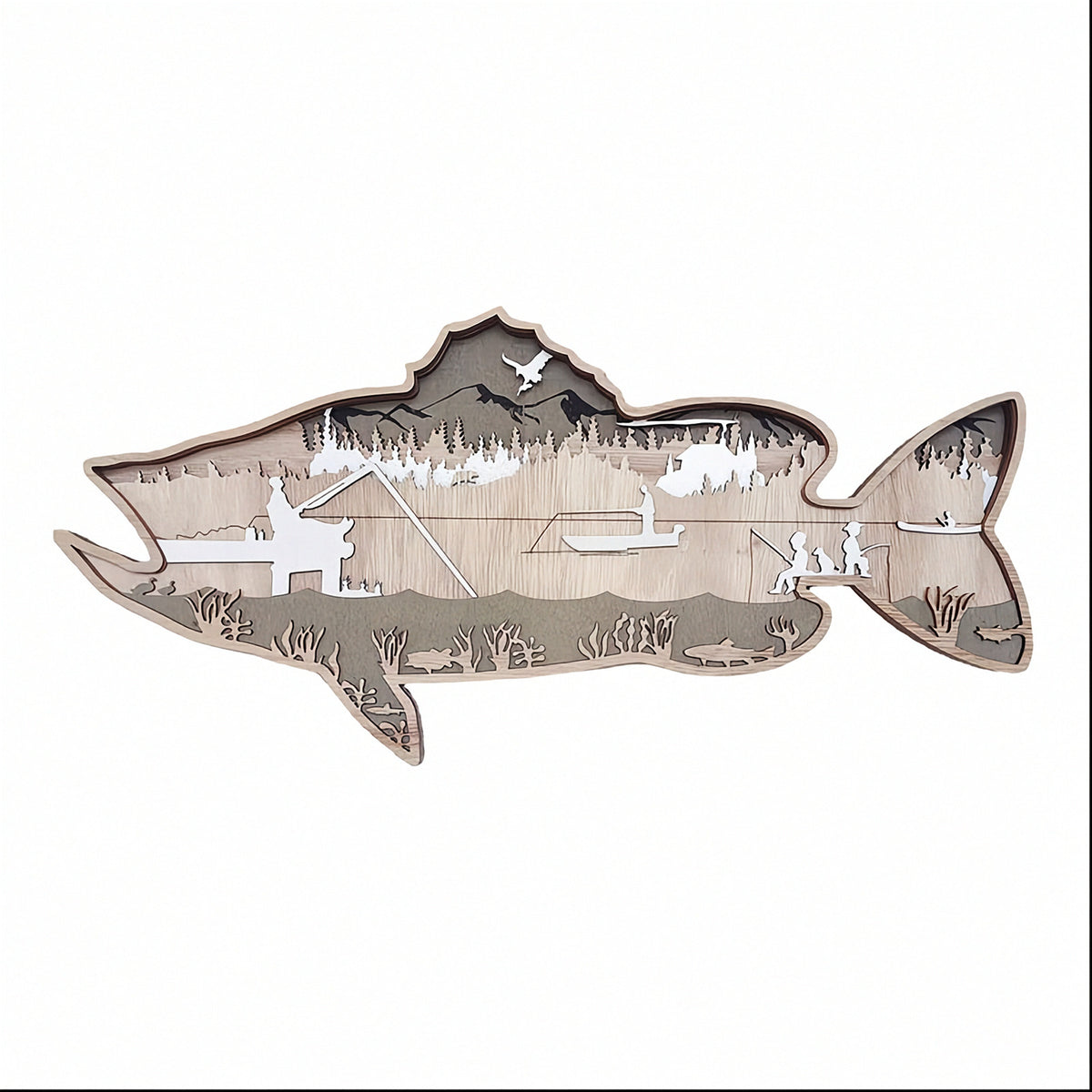 木製 魚の壁掛け ウォールアート トラウト（鱒）｜レーザー彫刻・渓流の情景｜釣り/アウトドア/カフェのインテリアに｜約40×19cm