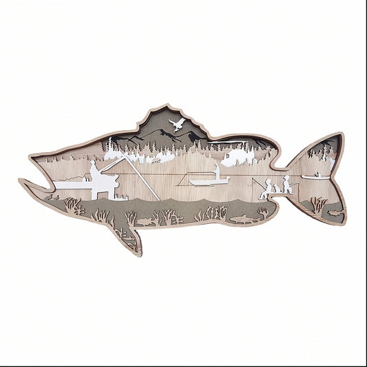 木製 魚の壁掛け ウォールアート トラウト（鱒）｜レーザー彫刻・渓流の情景｜釣り/アウトドア/カフェのインテリアに｜約40×19cm