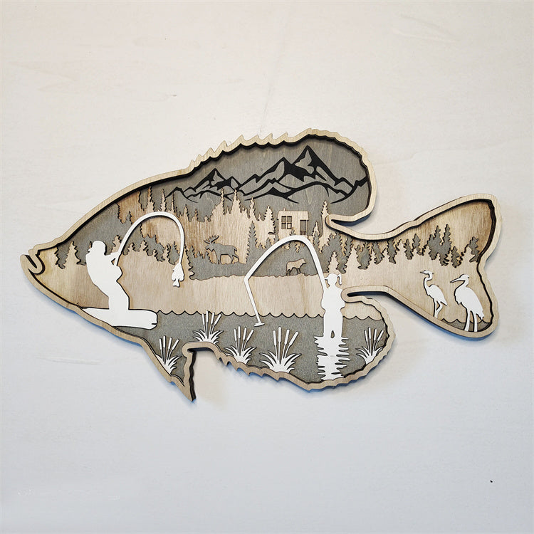 木製 魚の壁掛け ウォールアート サーモン（鮭）｜レーザー彫刻・渓流の情景｜釣り/アウトドア/カフェのインテリアに｜約40×23cm