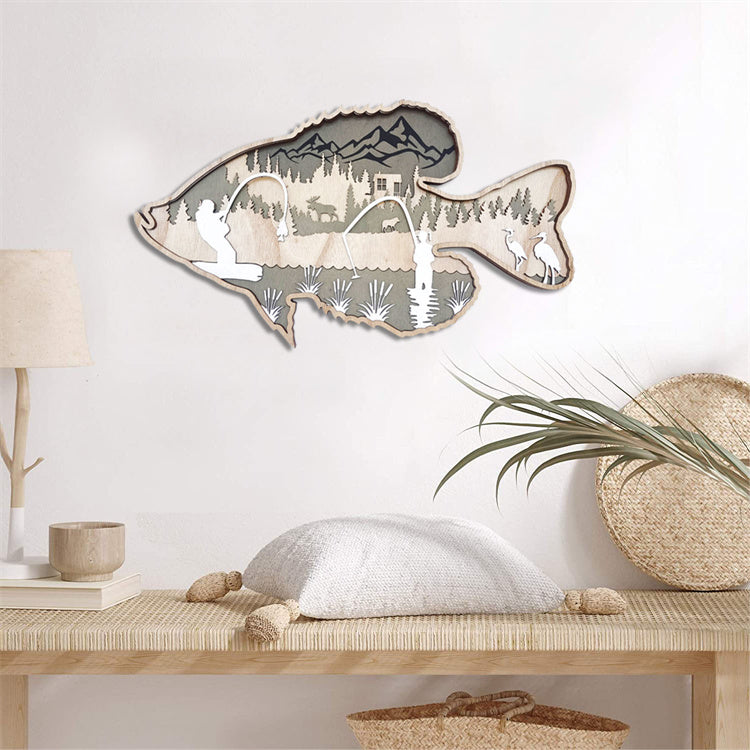 木製 魚の壁掛け ウォールアート サーモン（鮭）｜レーザー彫刻・渓流の情景｜釣り/アウトドア/カフェのインテリアに｜約40×23cm