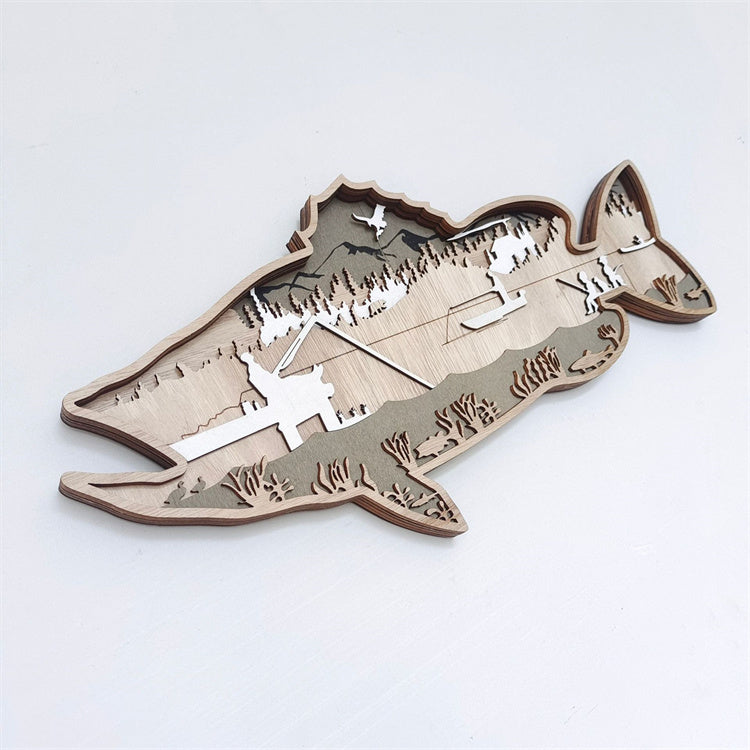 木製 魚の壁掛け ウォールアート トラウト（鱒）｜レーザー彫刻・渓流の情景｜釣り/アウトドア/カフェのインテリアに｜約40×19cm