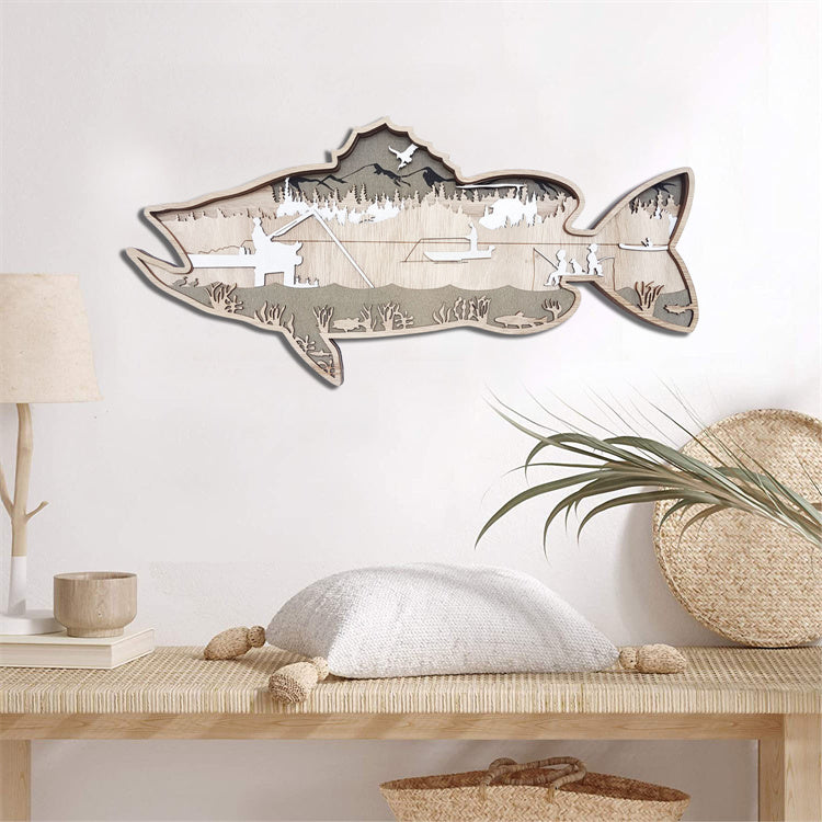 木製 魚の壁掛け ウォールアート トラウト（鱒）｜レーザー彫刻・渓流の情景｜釣り/アウトドア/カフェのインテリアに｜約40×19cm