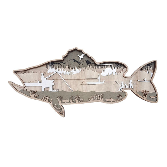 木製 魚の壁掛け ウォールアート トラウト（鱒）｜レーザー彫刻・渓流の情景｜釣り/アウトドア/カフェのインテリアに｜約40×19cm