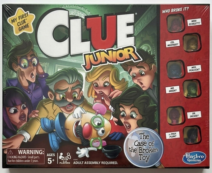 Clue Junior 英語版ボードゲームのパッケージ正面。壊れたおもちゃの謎を解く子ども向け推理ゲーム。