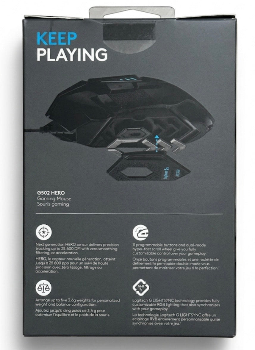 G502 HERO 海外版パッケージ 背面（機能説明）