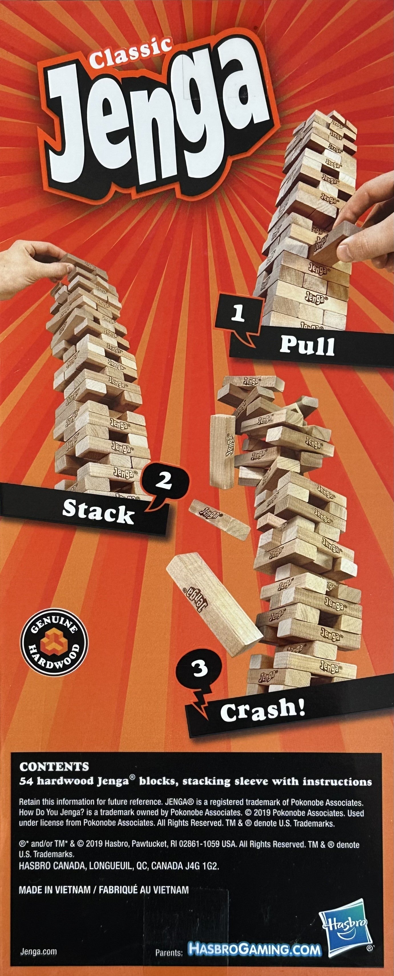 Classic Jenga 英語版 箱裏面 遊び方・セット内容説明