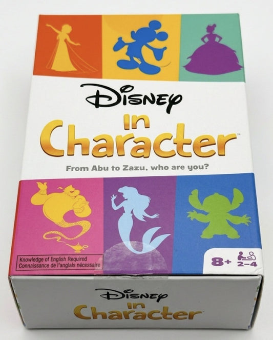 Disney in Character 英語版ゲーム箱正面。ディズニーキャラクターシルエットデザインのパーティーゲーム