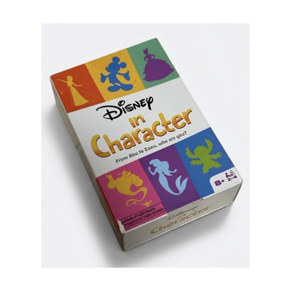 ディズニー キャラクター当てゲーム(Disney in Character)英語版パッケージ表面。ミッキー・エルサ・アリエル・スティッチ・ジーニー等のシルエット、8歳以上2〜4人・Spin Master