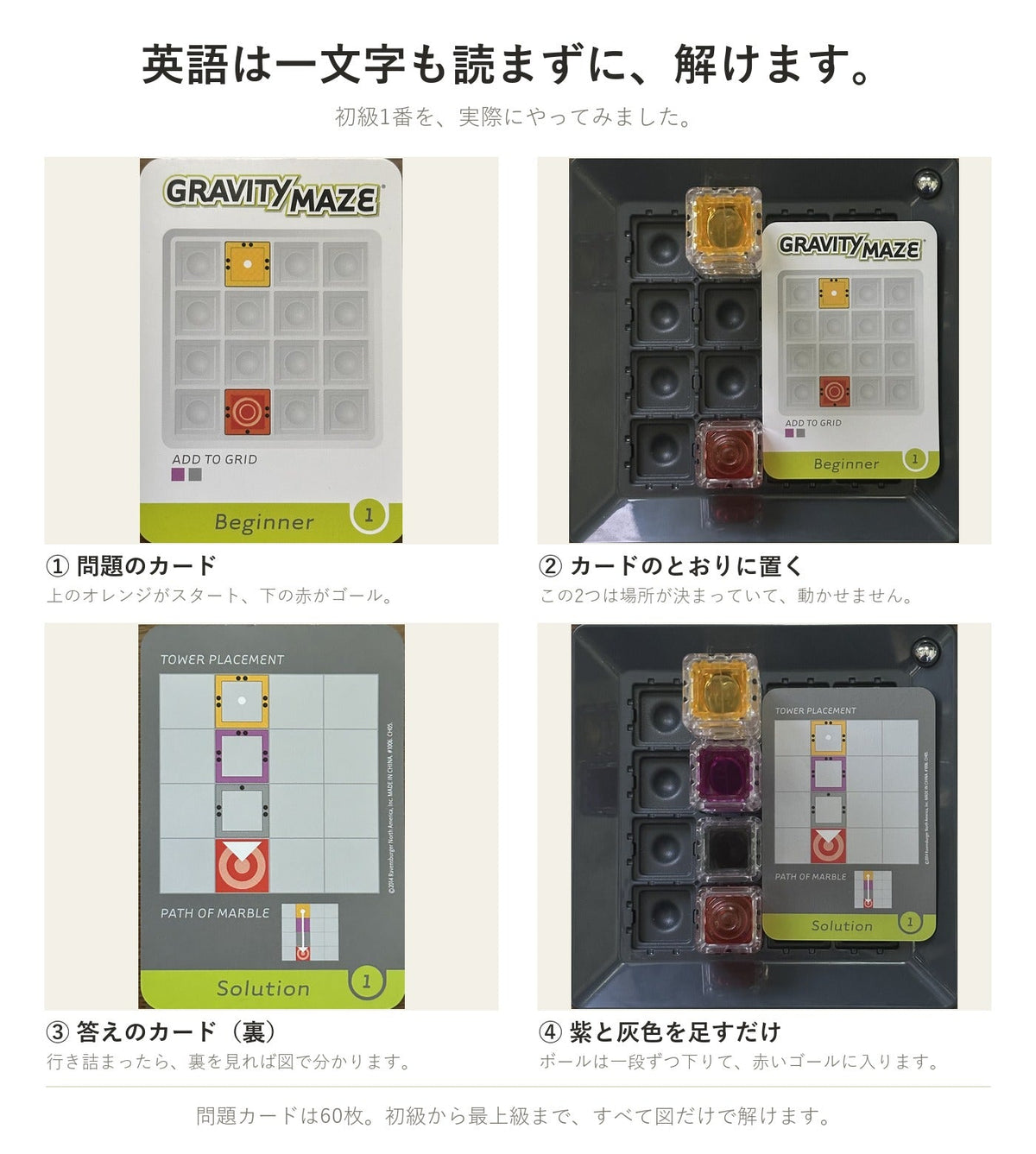 初級1番を実際に解いた手順。問題カード → カードのとおりにボードへ置く → 答えのカード → 紫と灰色を足して完成。英語を読まずに解けます
