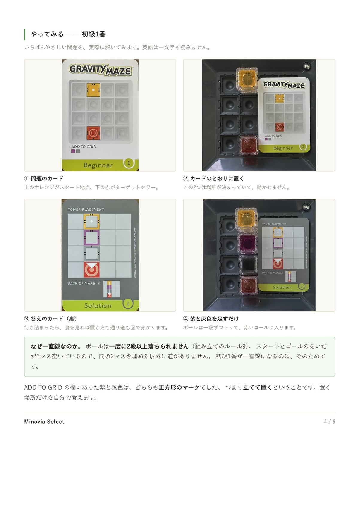日本語の遊び方ガイド 4ページ目（当店作成・全6ページ）。いちばんやさしい問題「初級1番」を実際に解く手順を、4枚の写真で追っています。英語は一文字も読みません。全ページのPDFはご注文後にメールでお送りします